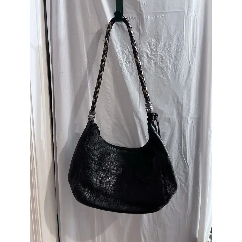 Brighton Barbados Zip Top Hobo Purse Black Pebble Leather Shoulder Bag